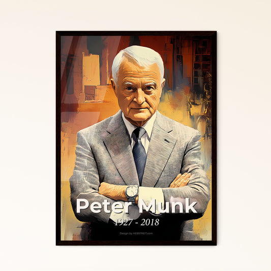 Portrait of Peter Munk, 1927 - 2018. Impressionistic painting of a man in a suit with his arms crossed.