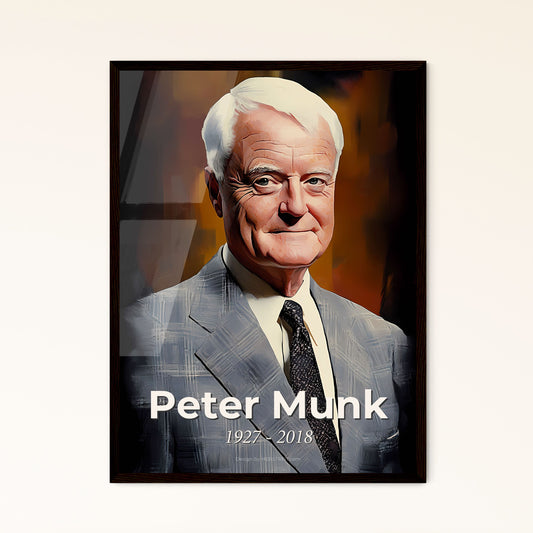 Portrait of Peter Munk, 1927 - 2018. Impressionistic painting of a man in a suit.