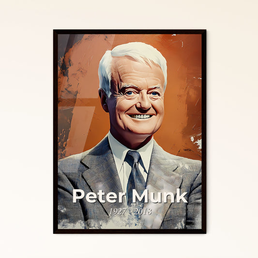 Portrait of Peter Munk, 1927 - 2018. Impressionistic painting of a man in a suit.