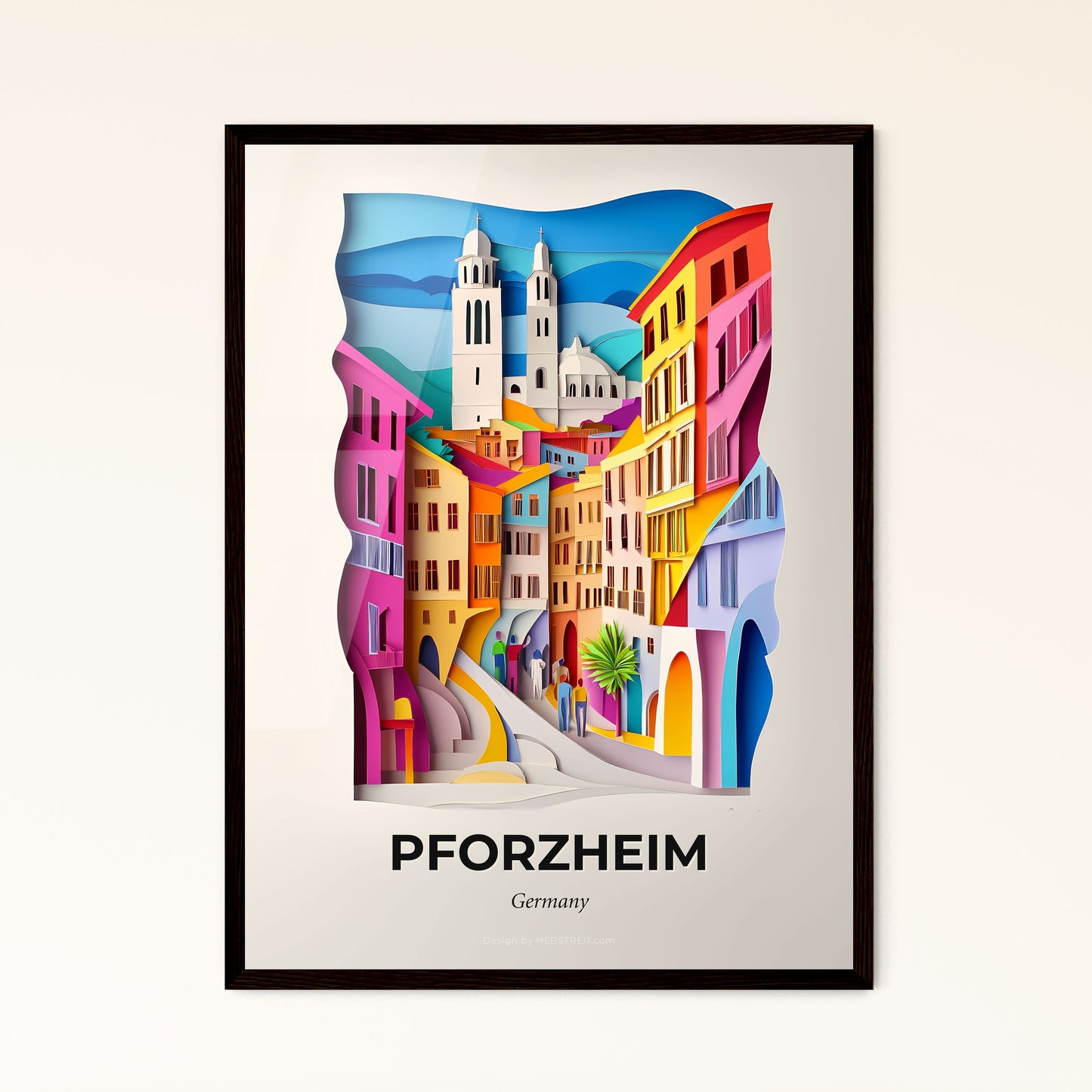 Vivid Pforzheim, Germany - a colorful city scene with a church and a palm tree