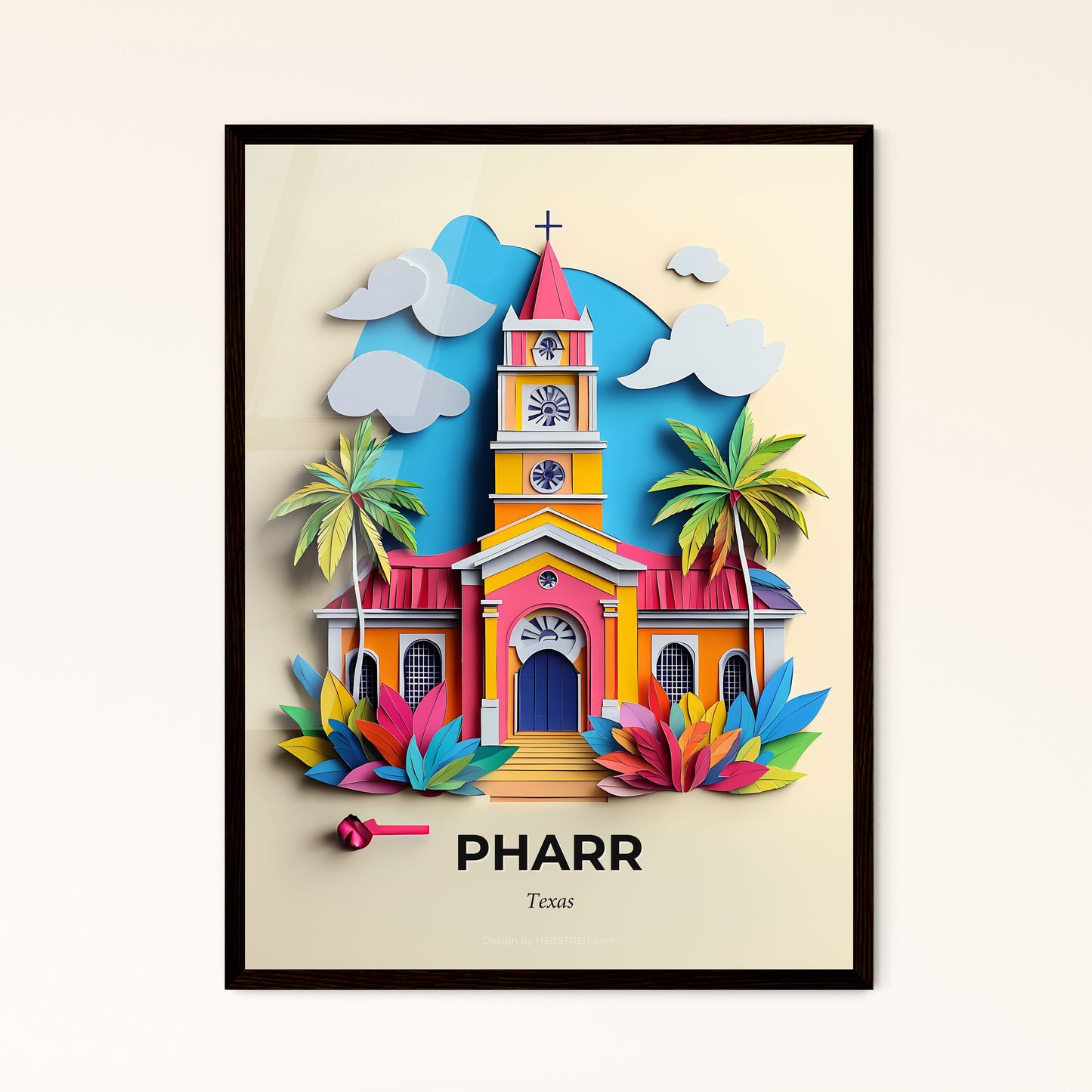 Vivid Pharr, Texas - a church with a clock tower and palm trees