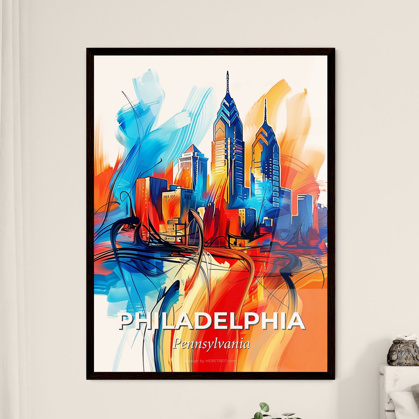 Vibrant Philadelphia, Pennsylvania - A Colorful Cityscape With Buildings And A Red And Blue Sky