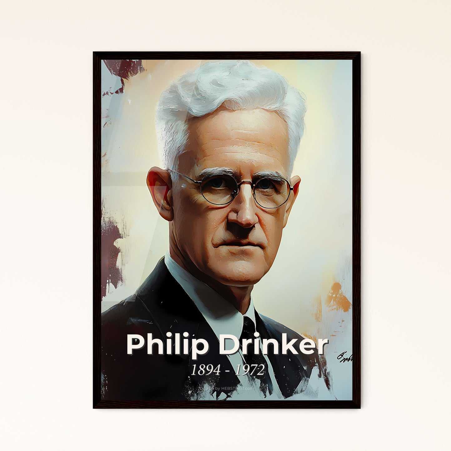 Portrait of Philip Drinker, 1894 - 1972. Impressionistic painting of a man with white hair wearing glasses and a suit.