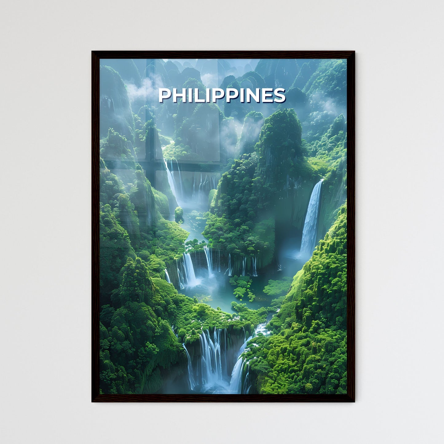 Vibrant Painting of a Waterfall in the Philippines, Southeast Asia, Featuring Lush Green Trees and Intricate Artwork