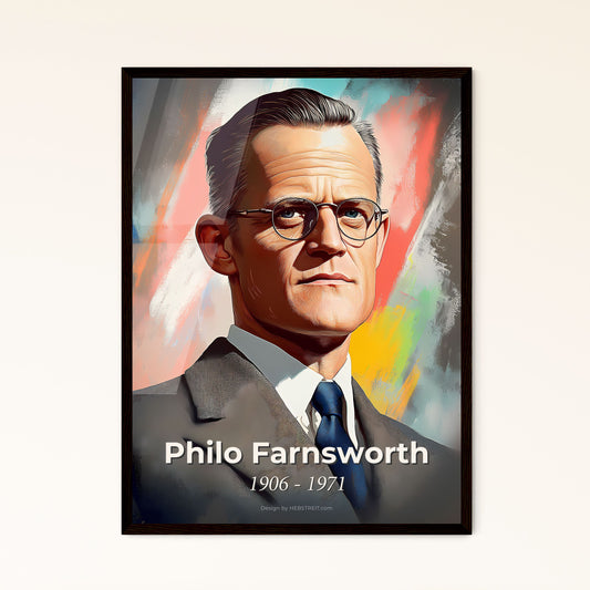 Portrait of Philo Farnsworth, 1906 - 1971. Impressionistic painting of a man in a suit and tie.