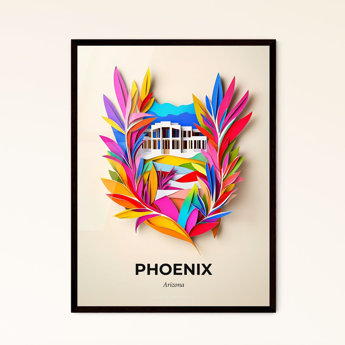 Vivid Phoenix, Arizona - a colorful paper cut of a building surrounded by leaves