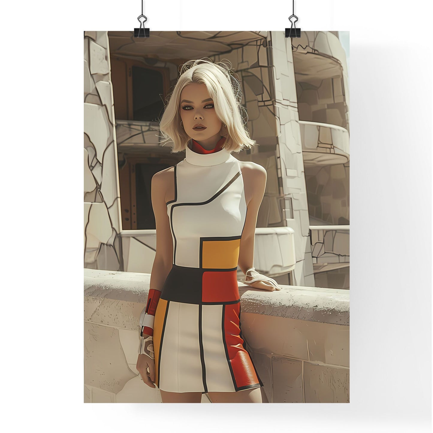 Vibrant Retro Futuristic Painting of a Blonde Woman in a 60s-Inspired Dress and Boots, Minimalist House Background, Art Focus Default Title