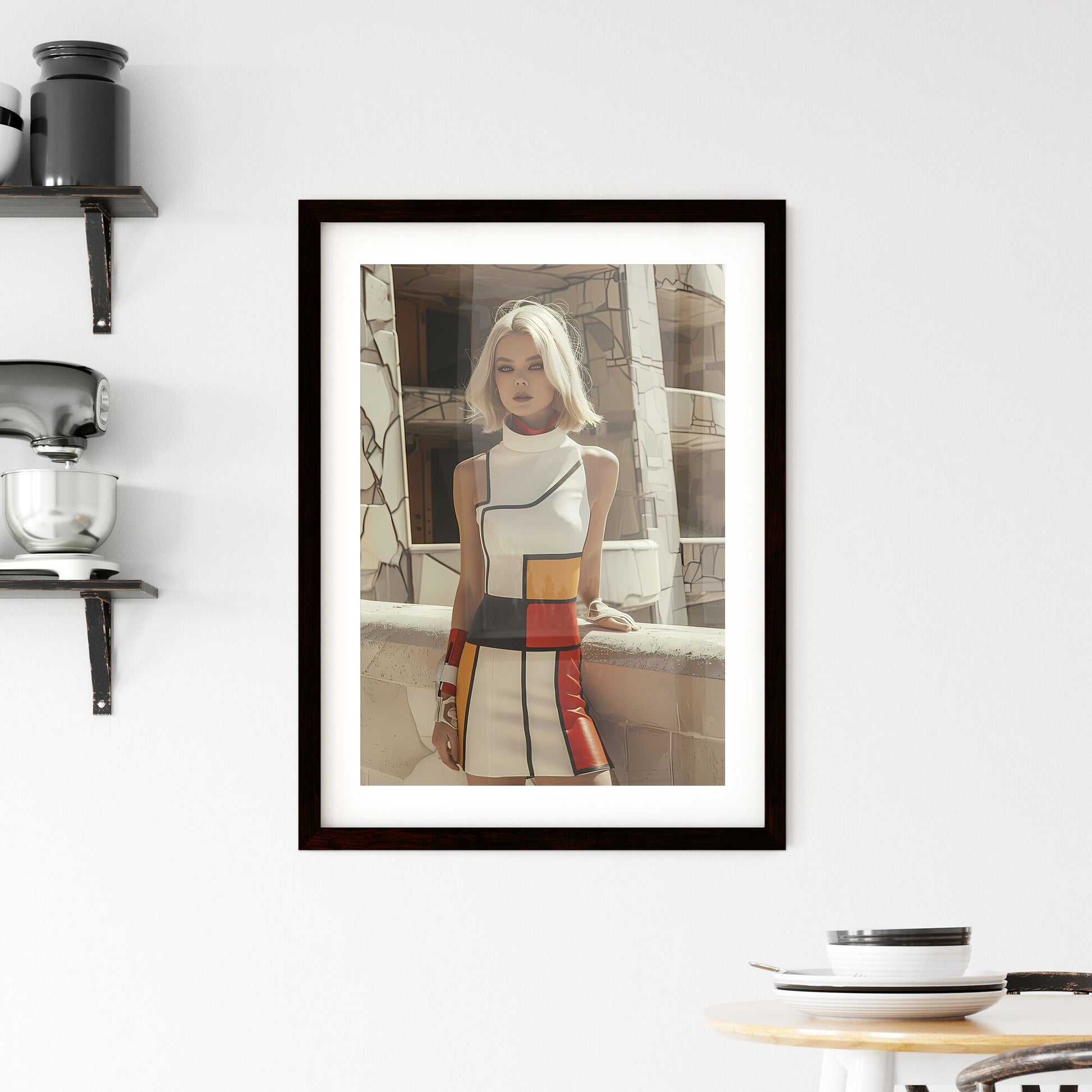 Vibrant Retro Futuristic Painting of a Blonde Woman in a 60s-Inspired Dress and Boots, Minimalist House Background, Art Focus Default Title