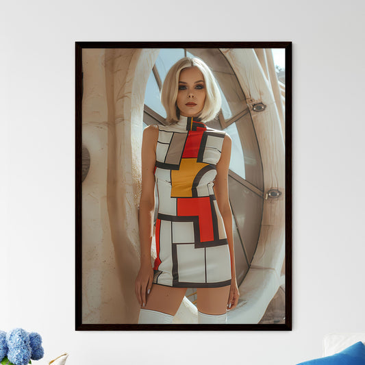 Retro Futuristic 60s Woman in Vibrant Dress Painting with Ultra Minimalist House Design Default Title