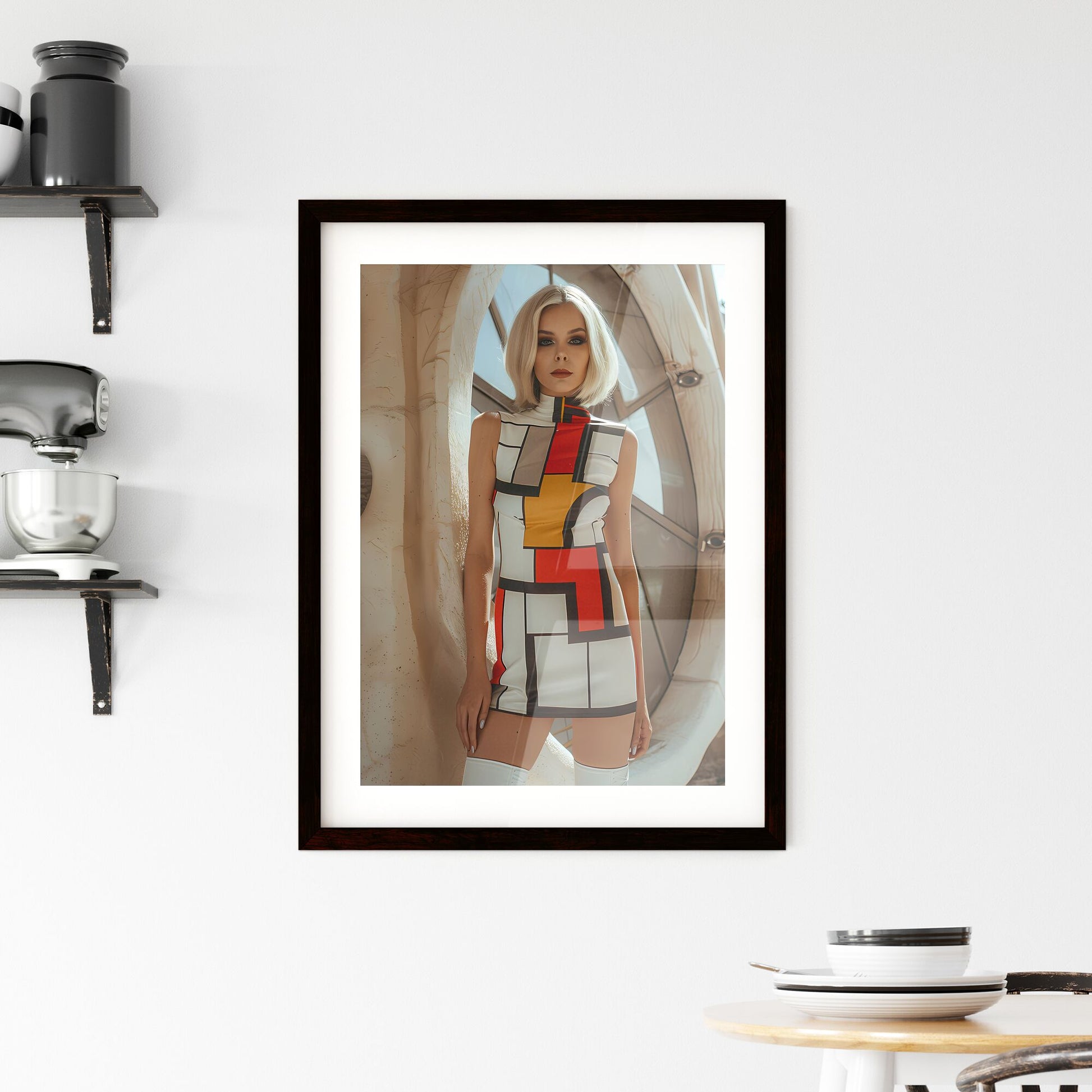 Retro Futuristic 60s Woman in Vibrant Dress Painting with Ultra Minimalist House Design Default Title