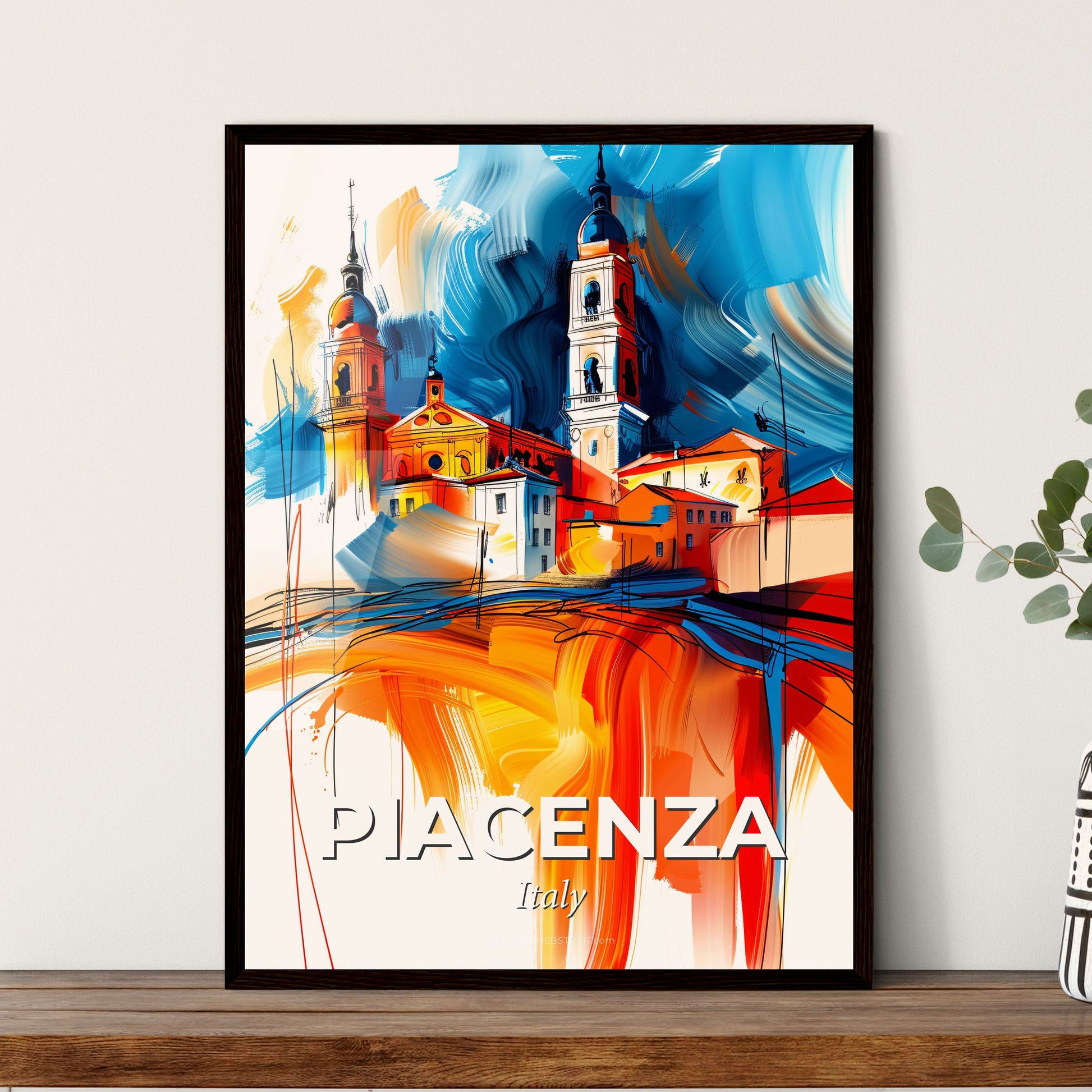 Vibrant Piacenza, Italy - A Painting Of A Building With Towers And A Blue And Orange Sky