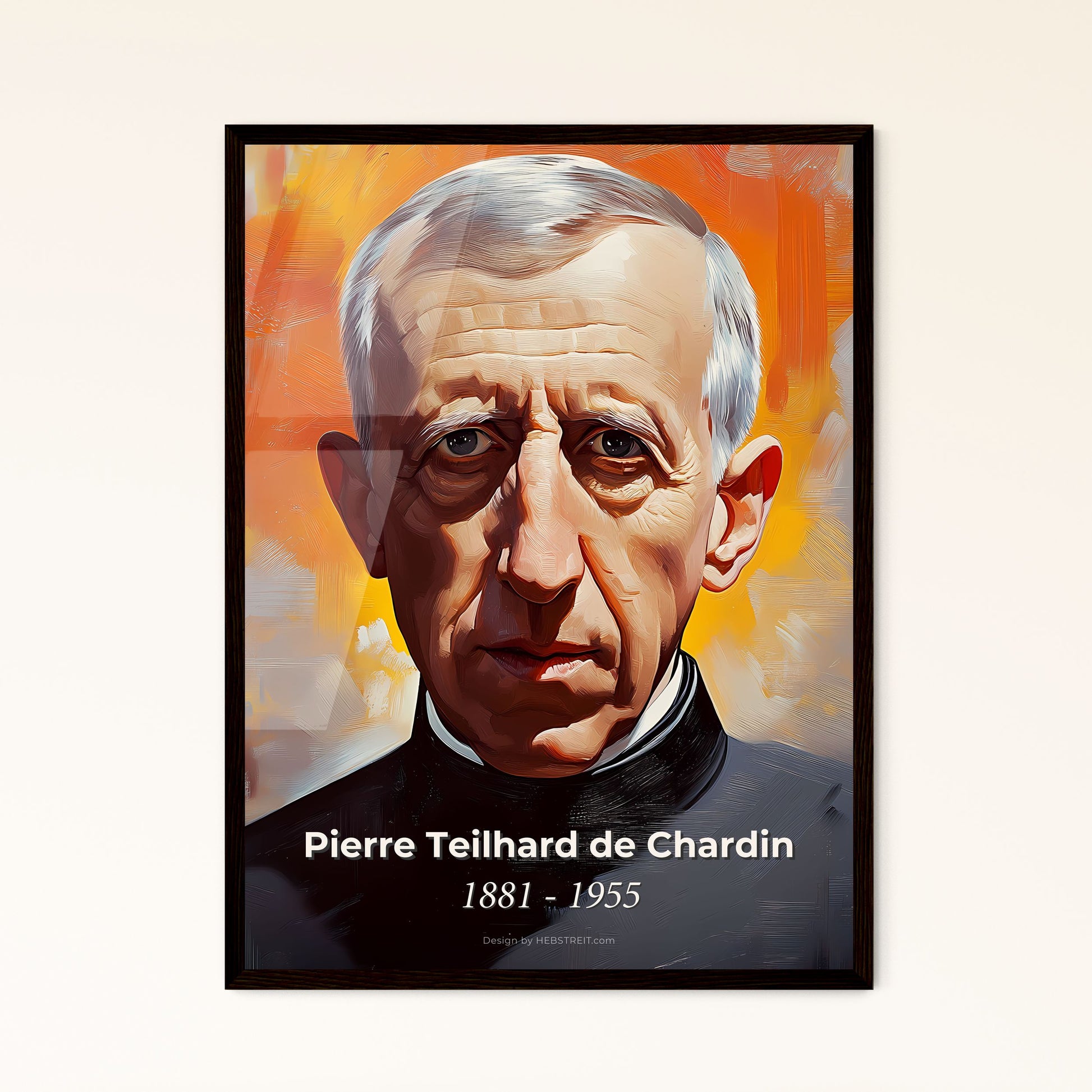 Portrait of Pierre Teilhard de Chardin, 1881 - 1955. Impressionistic painting of a man with grey hair and a black shirt.