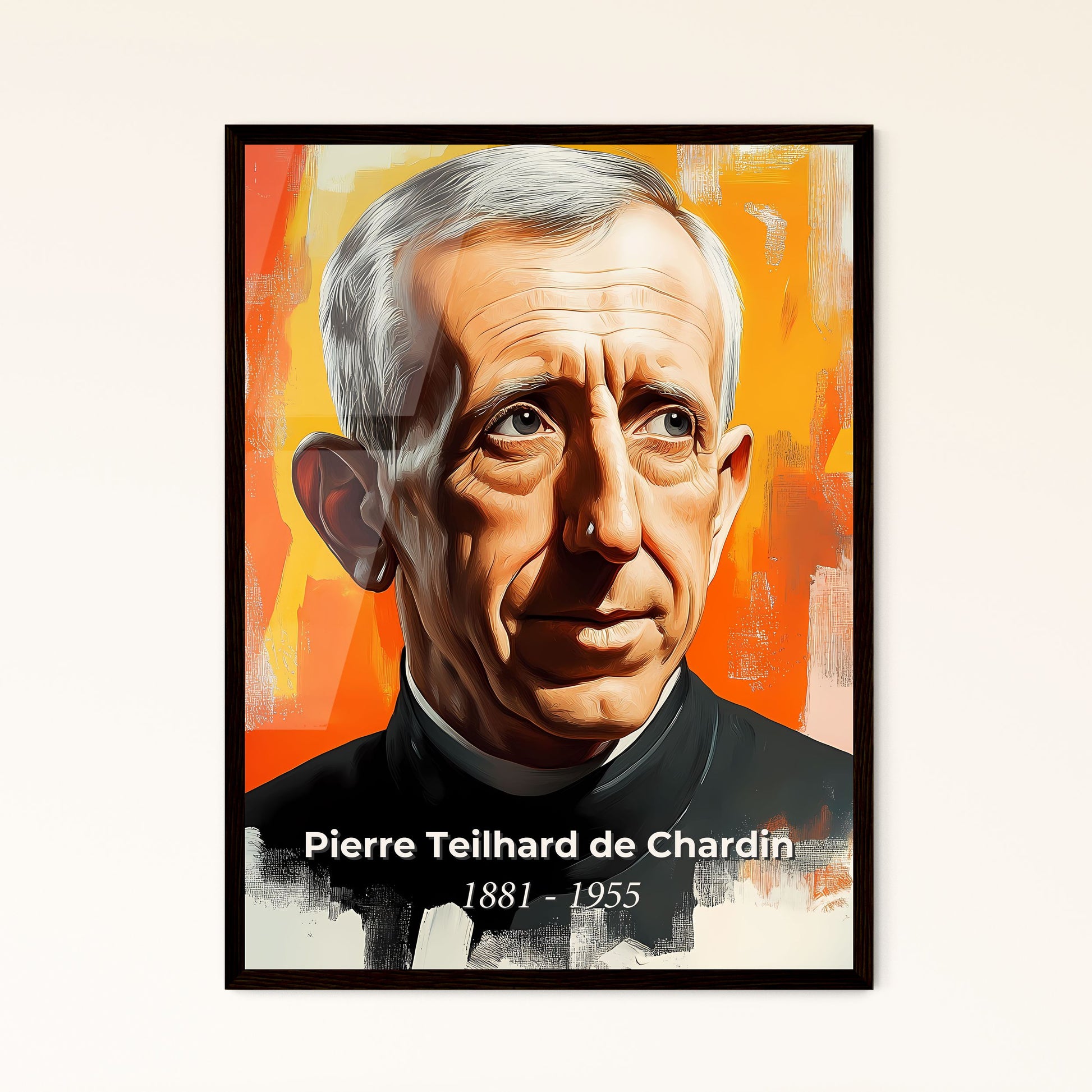 Portrait of Pierre Teilhard de Chardin, 1881 - 1955. Impressionistic painting of a man in a black shirt.