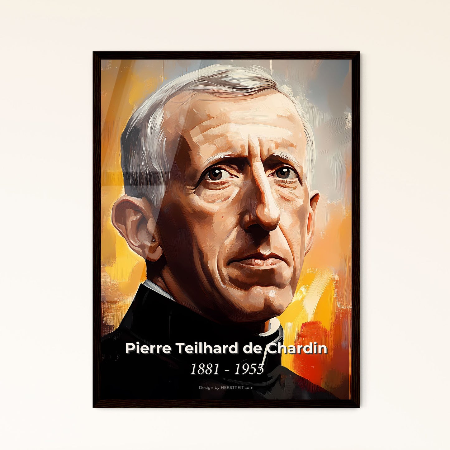 Portrait of Pierre Teilhard de Chardin, 1881 - 1955. Impressionistic painting of a man in a black shirt.