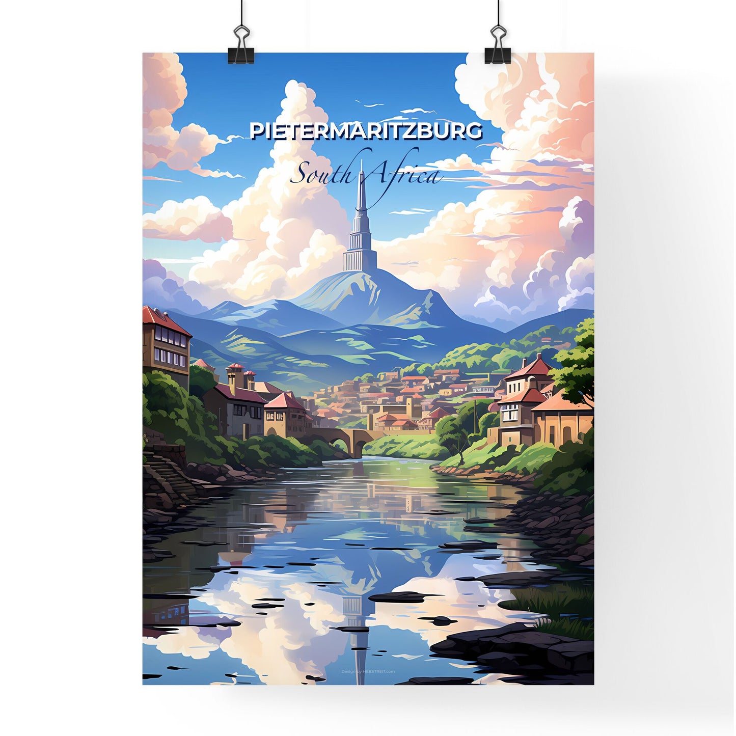 Vibrant Artistic Landscape of Pietermaritzburg Skyline with River, City and Mountain Default Title