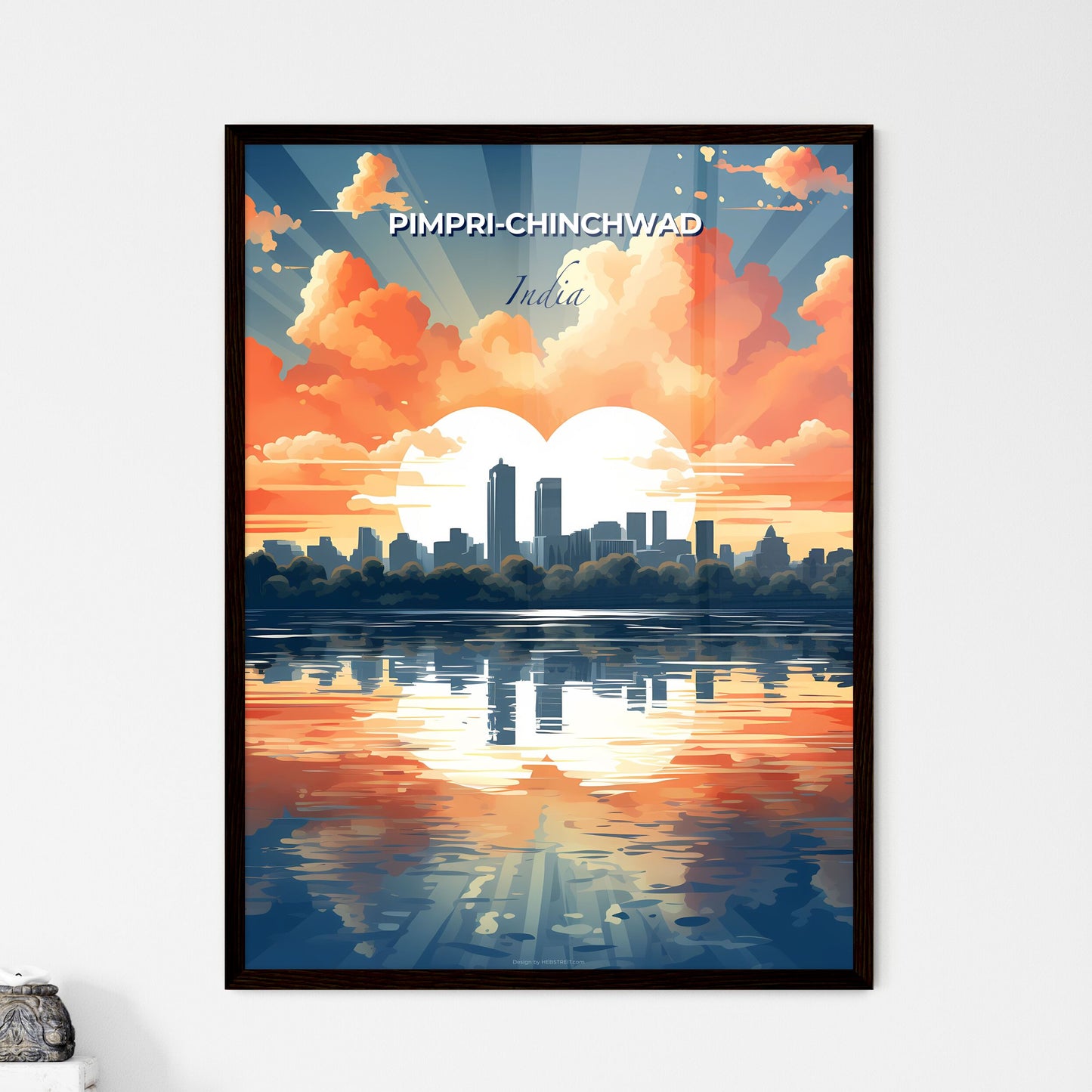 Pimpri Chinchwad, City Skyline in India, Expressive Painting with Vibrant Colors, Sun Rays, and Trees over Water Default Title