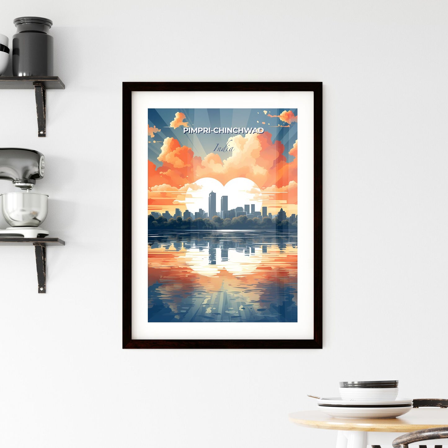 Pimpri Chinchwad, City Skyline in India, Expressive Painting with Vibrant Colors, Sun Rays, and Trees over Water Default Title