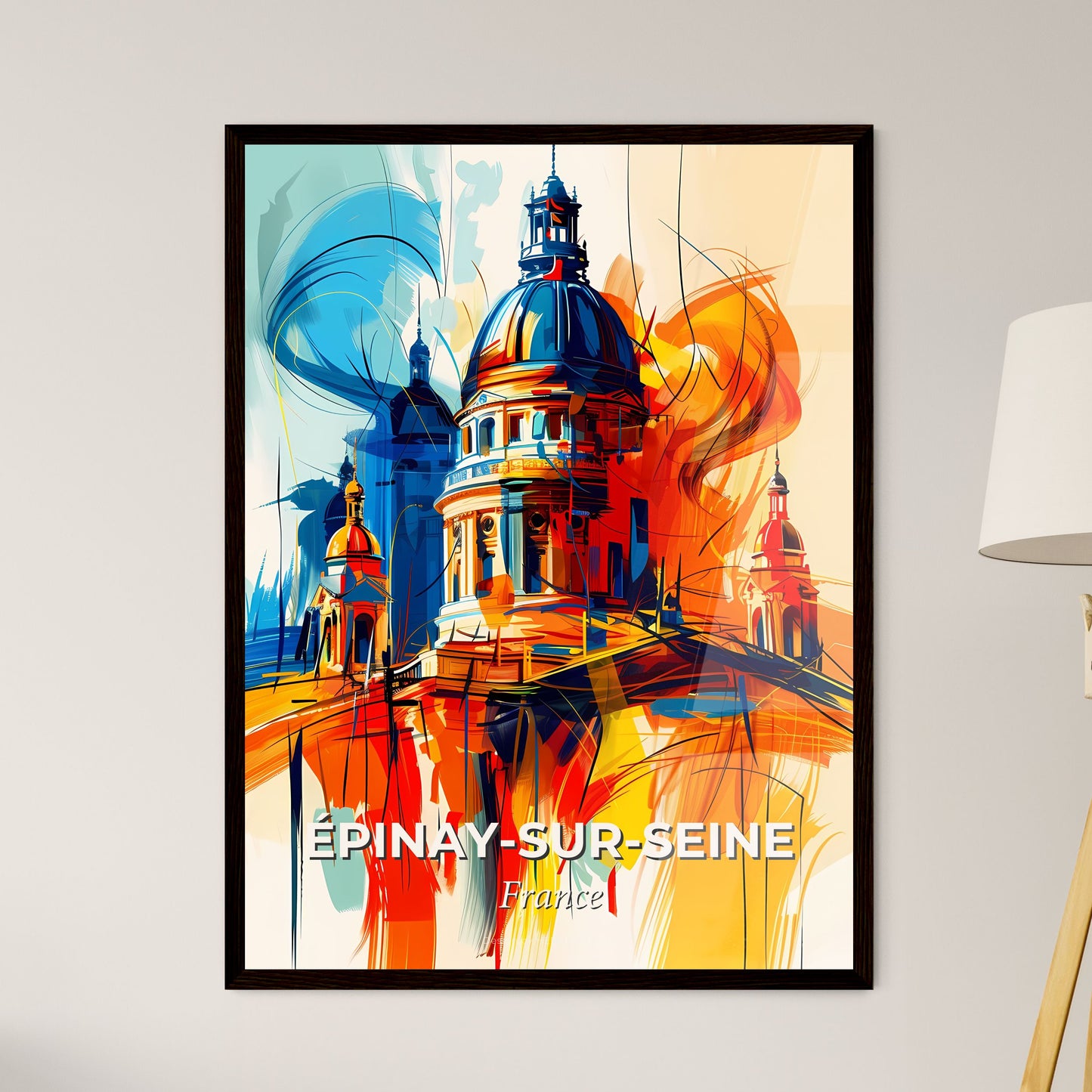 Vibrant Épinay-Sur-Seine, France - A Painting Of A Building With A Dome And A Colorful Background