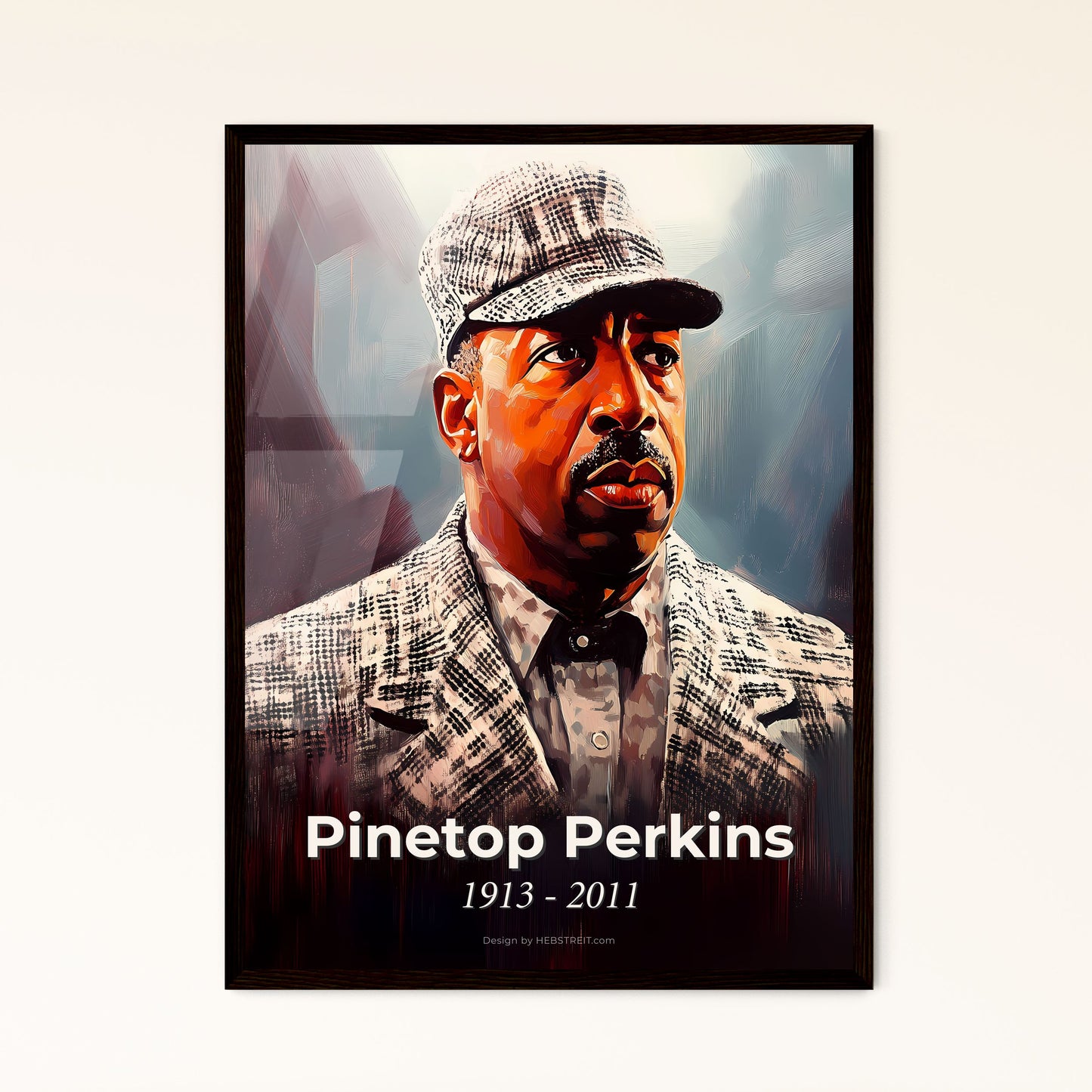 Portrait of Pinetop Perkins, 1913 - 2011. Impressionistic painting of a man wearing a hat.