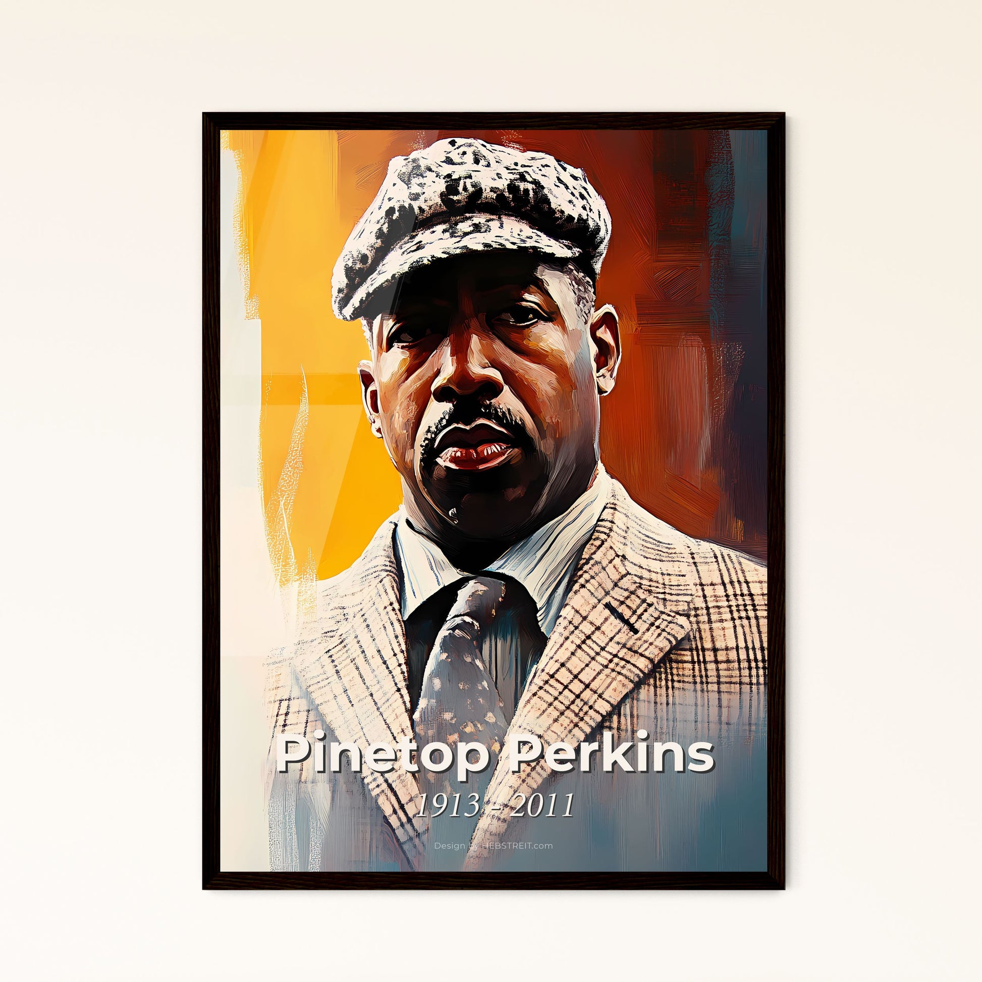 Portrait of Pinetop Perkins, 1913 - 2011. Impressionistic painting of a man in a suit and hat.