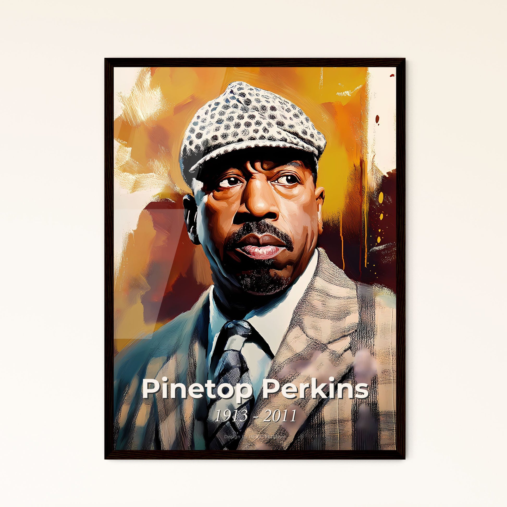 Portrait of Pinetop Perkins, 1913 - 2011. Impressionistic painting of a man in a suit and tie.