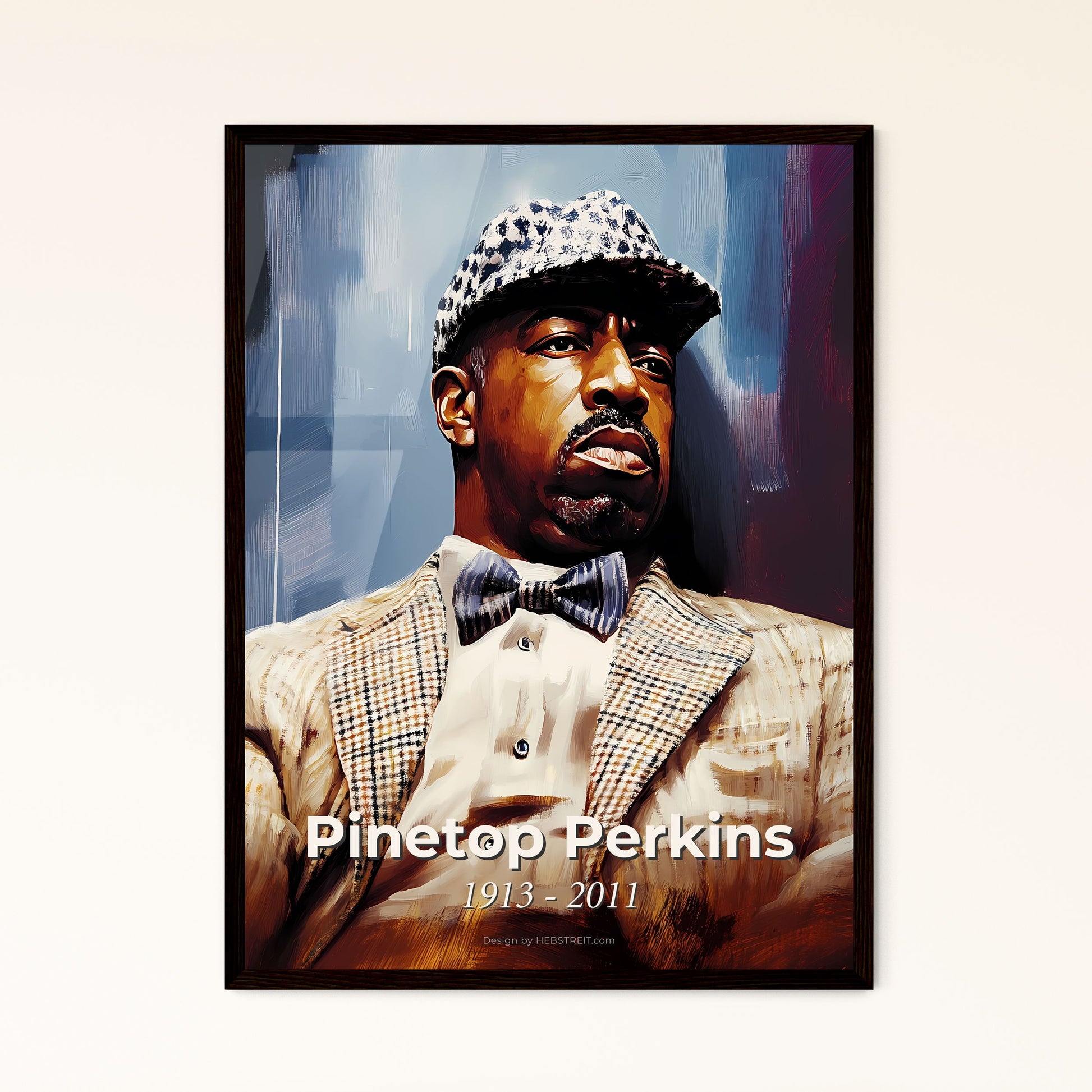 Portrait of Pinetop Perkins, 1913 - 2011. Impressionistic painting of a man wearing a hat and bow tie.