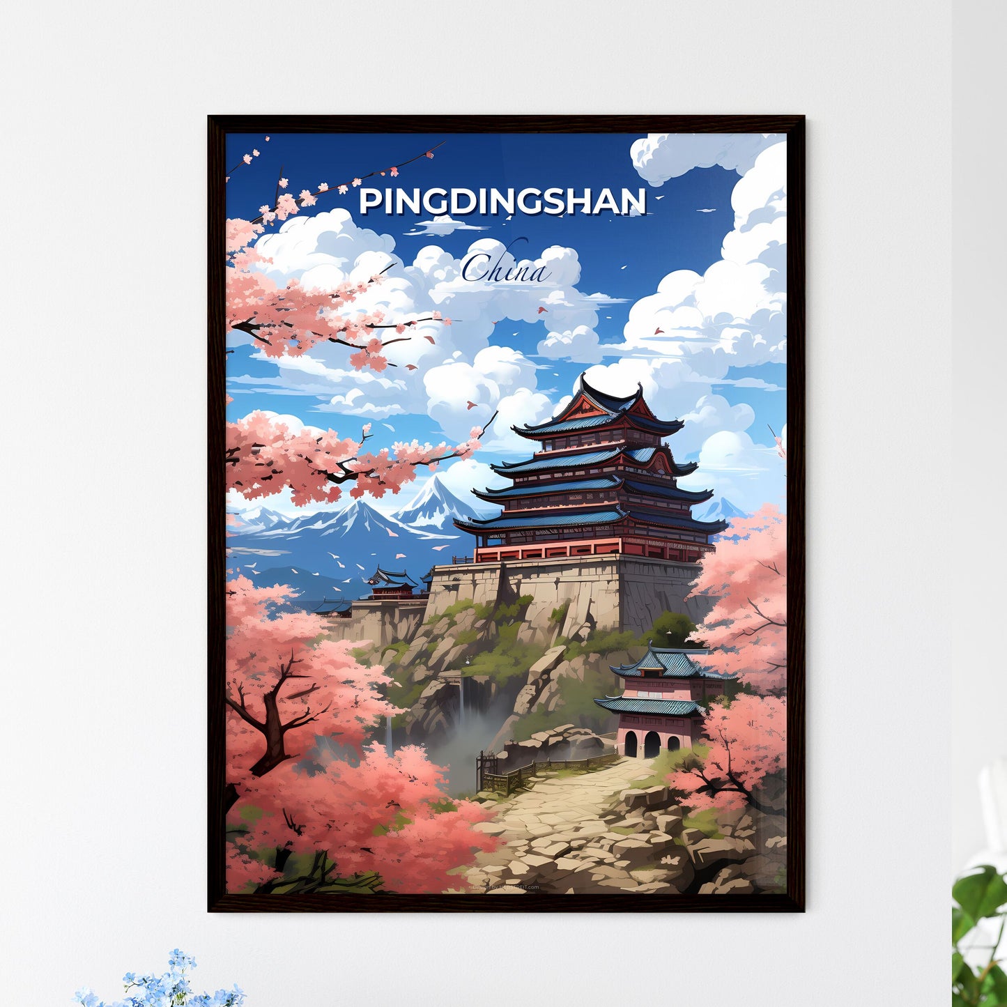 Pingdingshan China Skyline Painting Pink Trees Landscape Artwork Art Hill Building Default Title