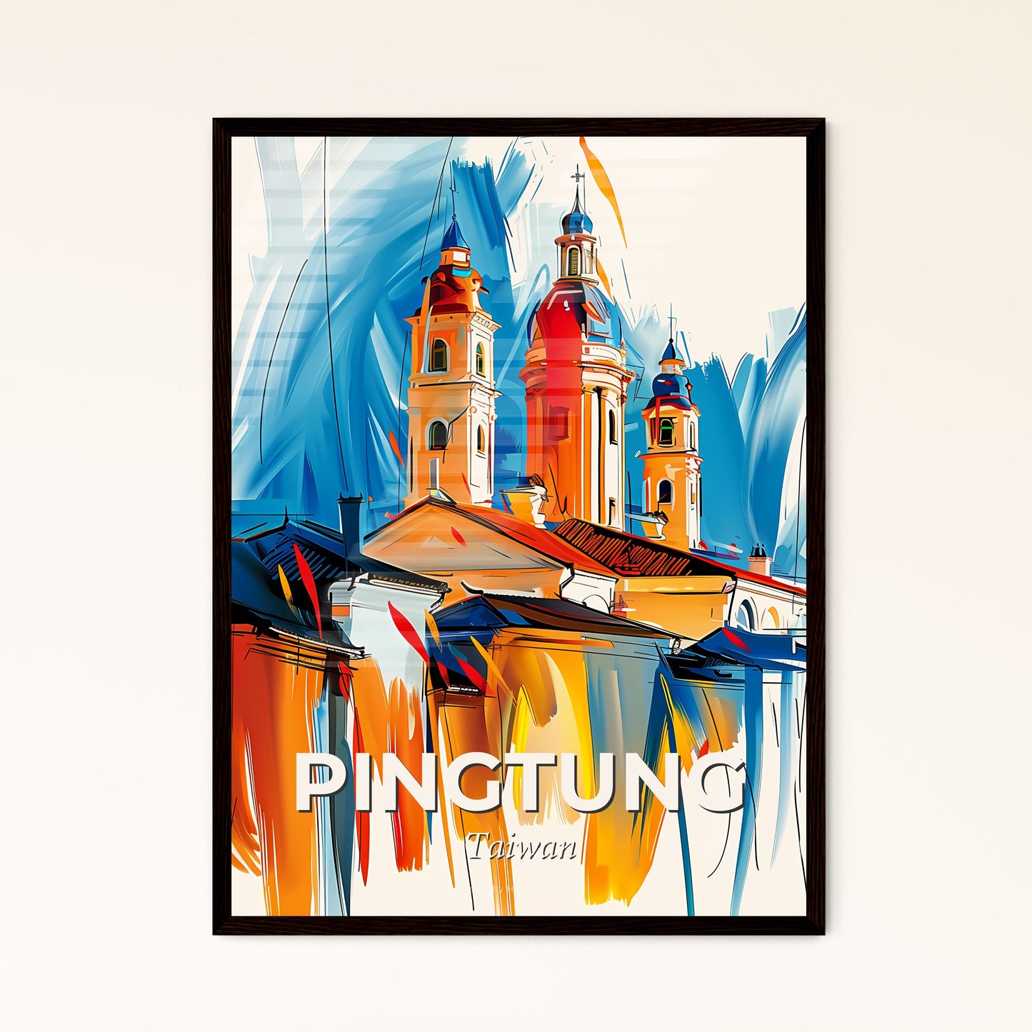 Vibrant Pingtung, Taiwan - A Painting Of A Building With Towers