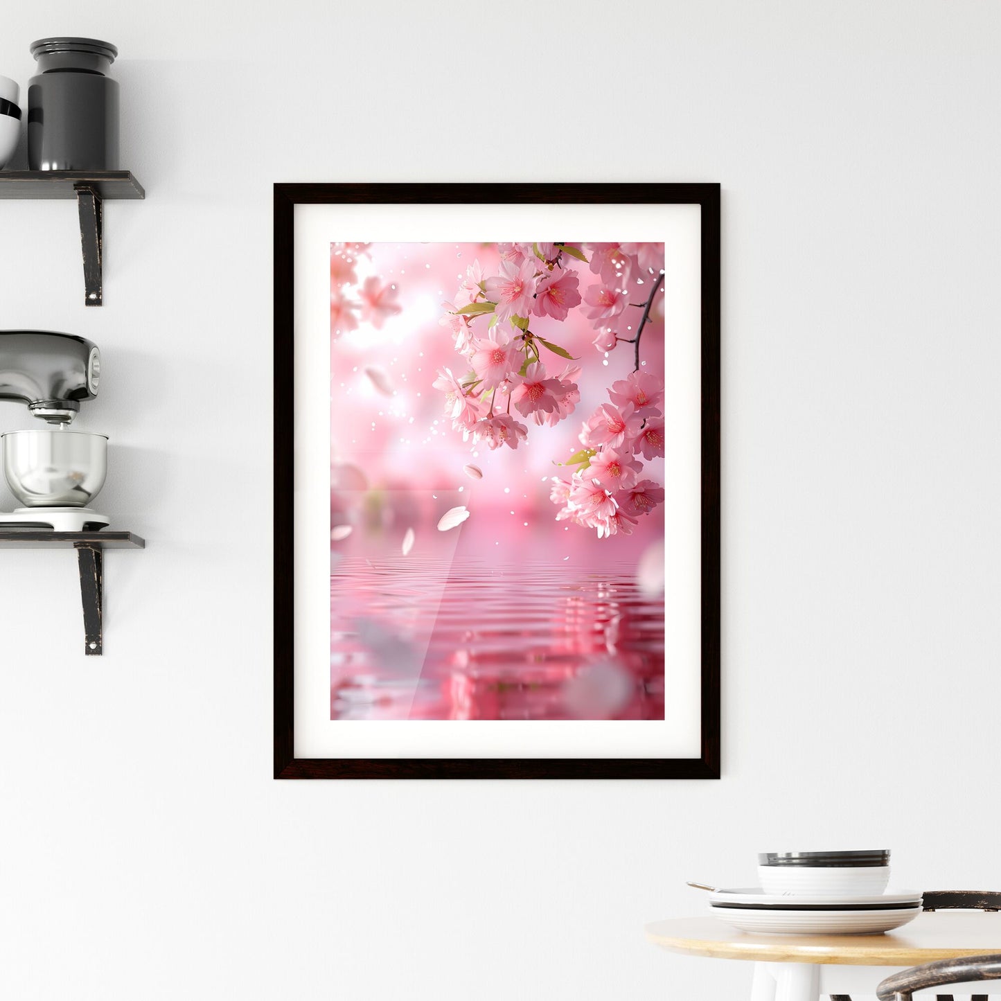 Ethereal Pink Serenity: Delicate Cherry Blossoms Dance on Rippling Waters, Petals Float Gracefully Default Title