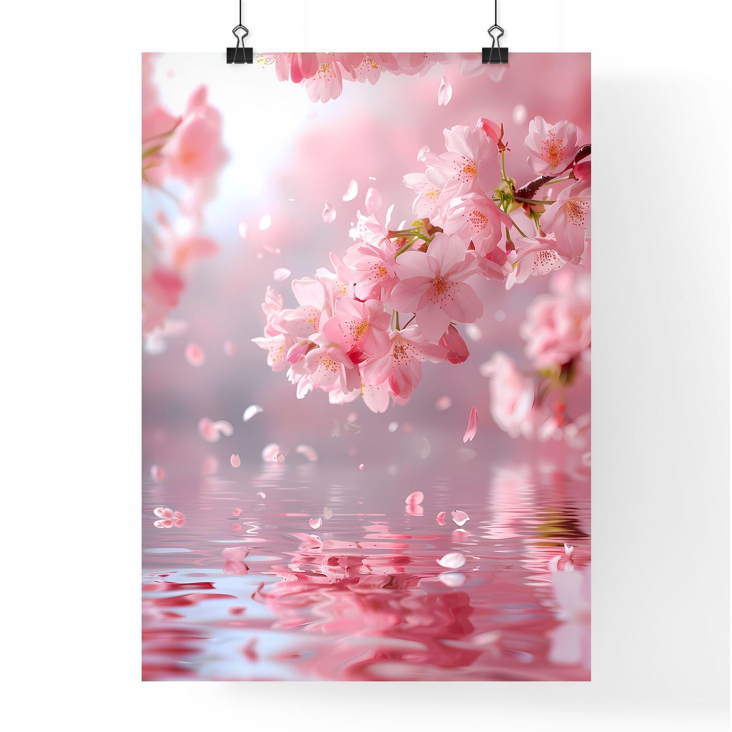 Ethereal Pink Floral Dream: Delicate Cherry Blossoms Dance on Rippling Waters Beneath Falling Petals and Blooming Branch Default Title