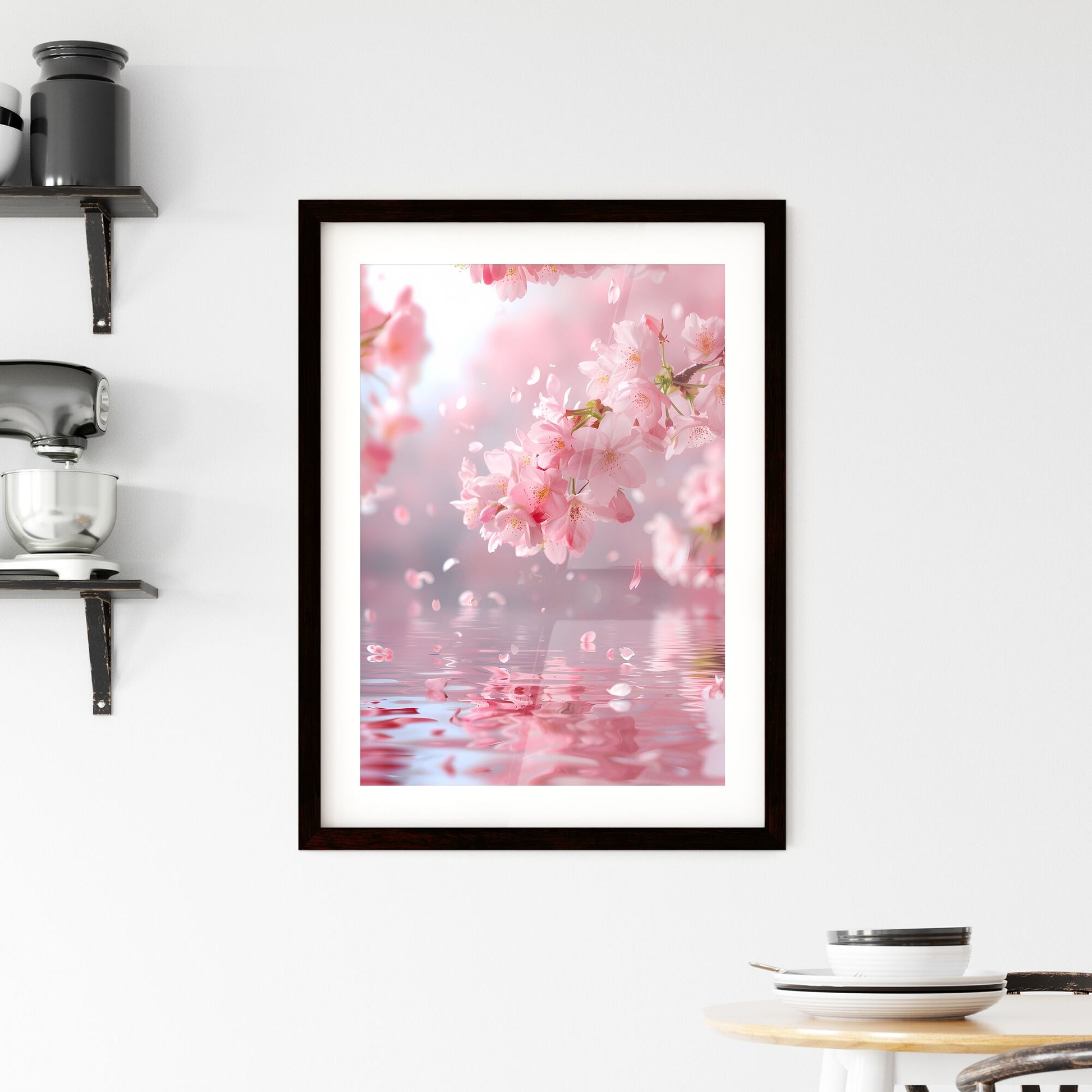 Ethereal Pink Floral Dream: Delicate Cherry Blossoms Dance on Rippling Waters Beneath Falling Petals and Blooming Branch Default Title