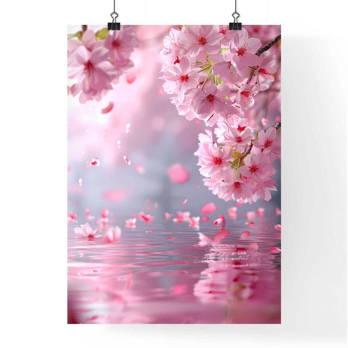 Ethereal Pink Bloom: Delicate Cherry Blossoms Floating in Rippling Water, Petals Dancing in the Air on a Vibrant Pink Background Default Title