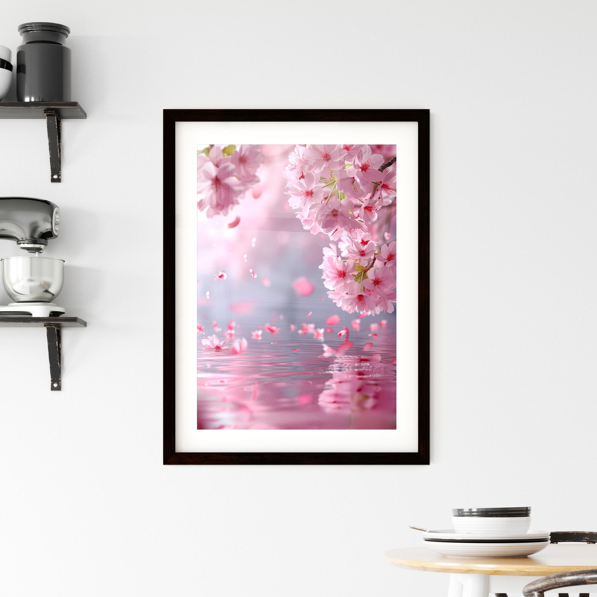 Ethereal Pink Bloom: Delicate Cherry Blossoms Floating in Rippling Water, Petals Dancing in the Air on a Vibrant Pink Background Default Title