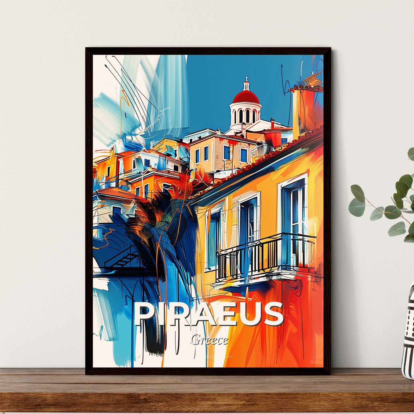 Vibrant Piraeus, Greece - A Painting Of A Building