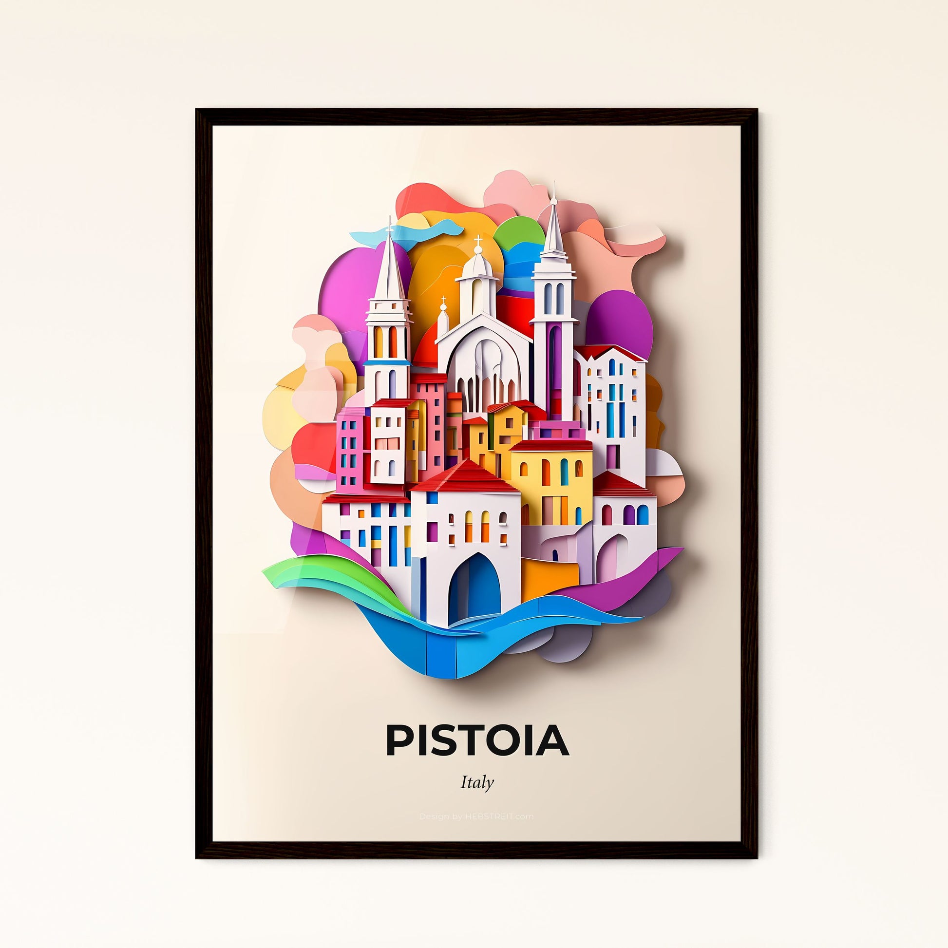 Vivid Pistoia, Italy - a paper cut of a city with a rainbow colored sky