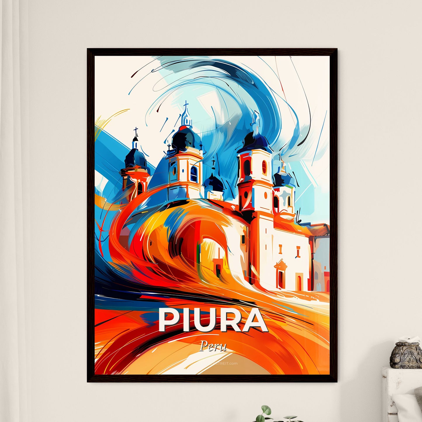 Vibrant Piura, Peru - A Painting Of A Building With A Colorful Background