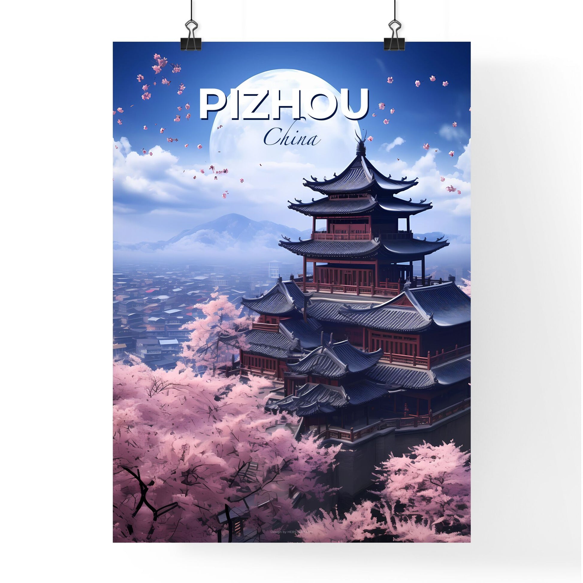 Vibrant Art Deco Skyline Painting: Pizhou, China Building with Tower and Cherry Blossoms Default Title