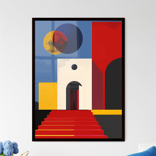 Vibrant Geometric Architecture Poster - Colorful Building Art with Red Staircase and Door Default Title