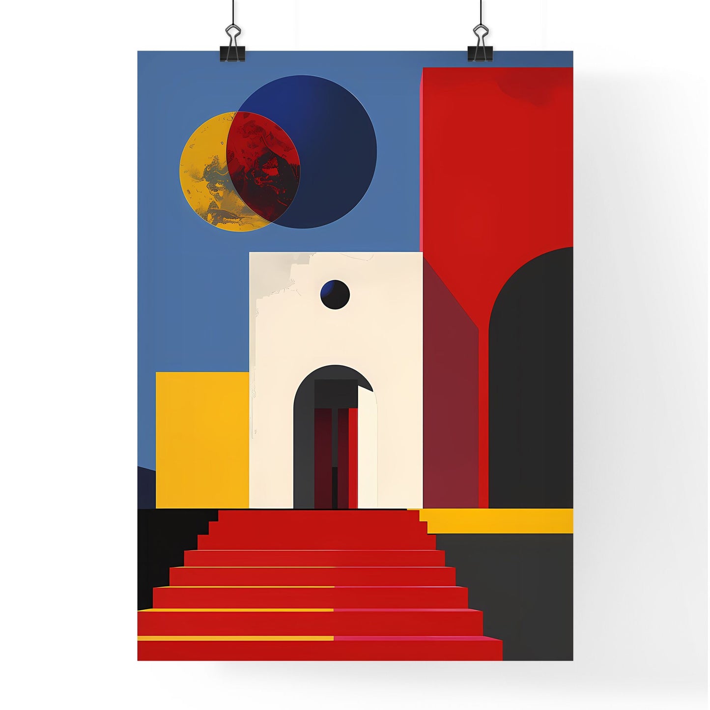 Vibrant Geometric Architecture Poster - Colorful Building Art with Red Staircase and Door Default Title