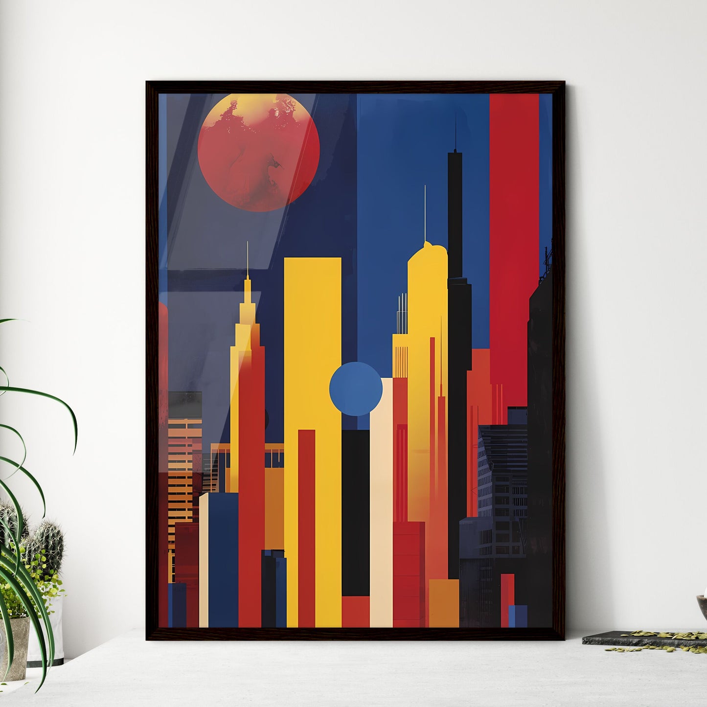 Abstract Cityscape Artwork, Red Circle on Vibrant Canvas, City Painting with Blue Sky Default Title