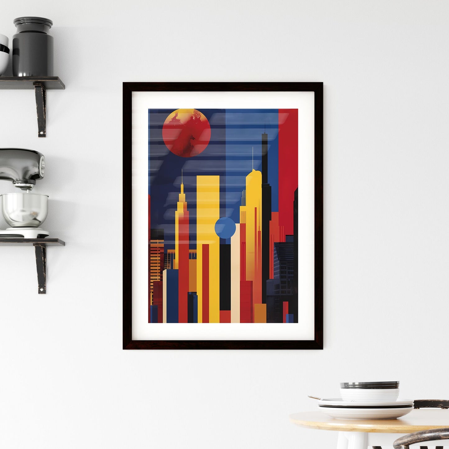 Abstract Cityscape Artwork, Red Circle on Vibrant Canvas, City Painting with Blue Sky Default Title