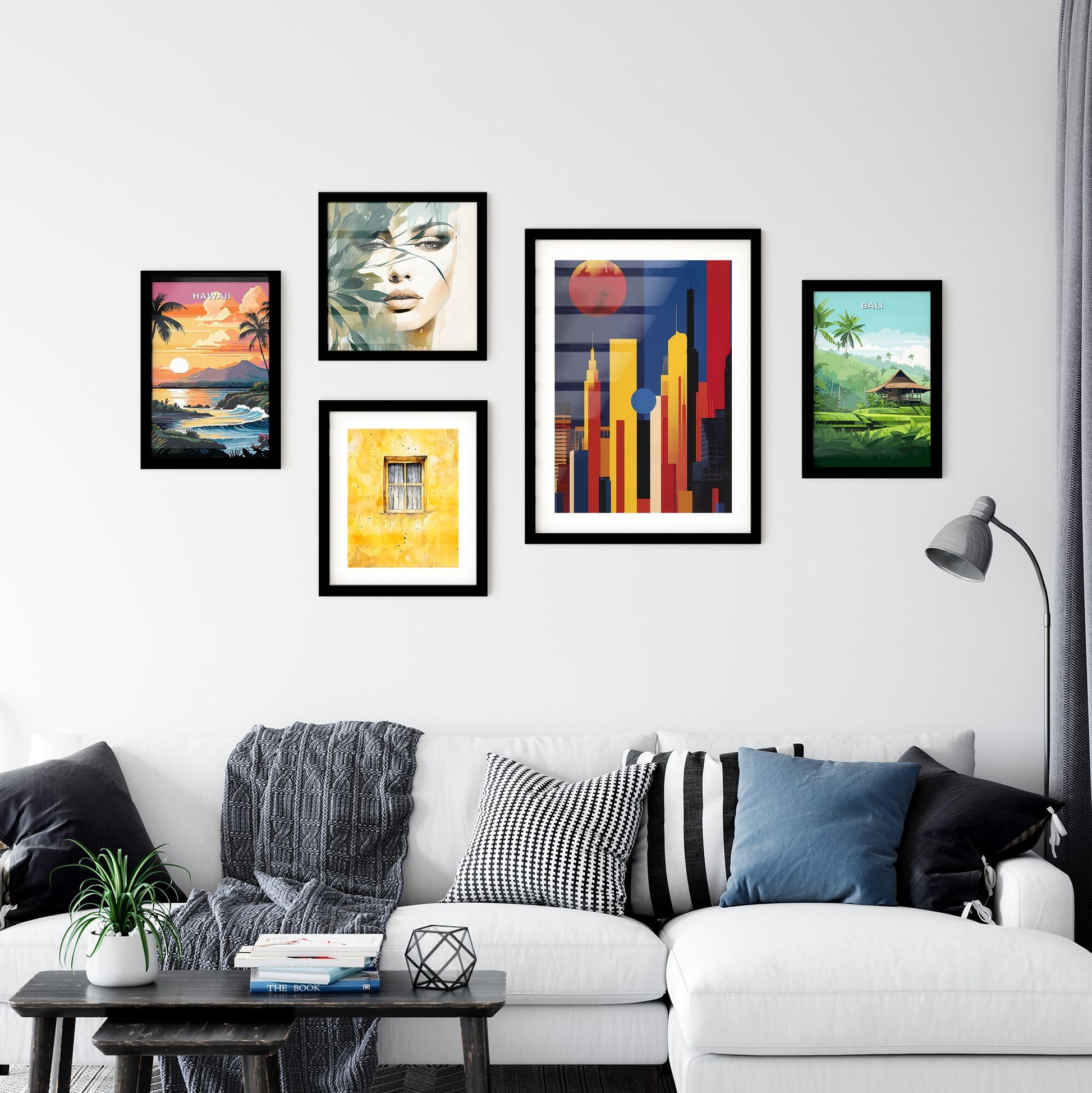 Abstract Cityscape Artwork, Red Circle on Vibrant Canvas, City Painting with Blue Sky Default Title