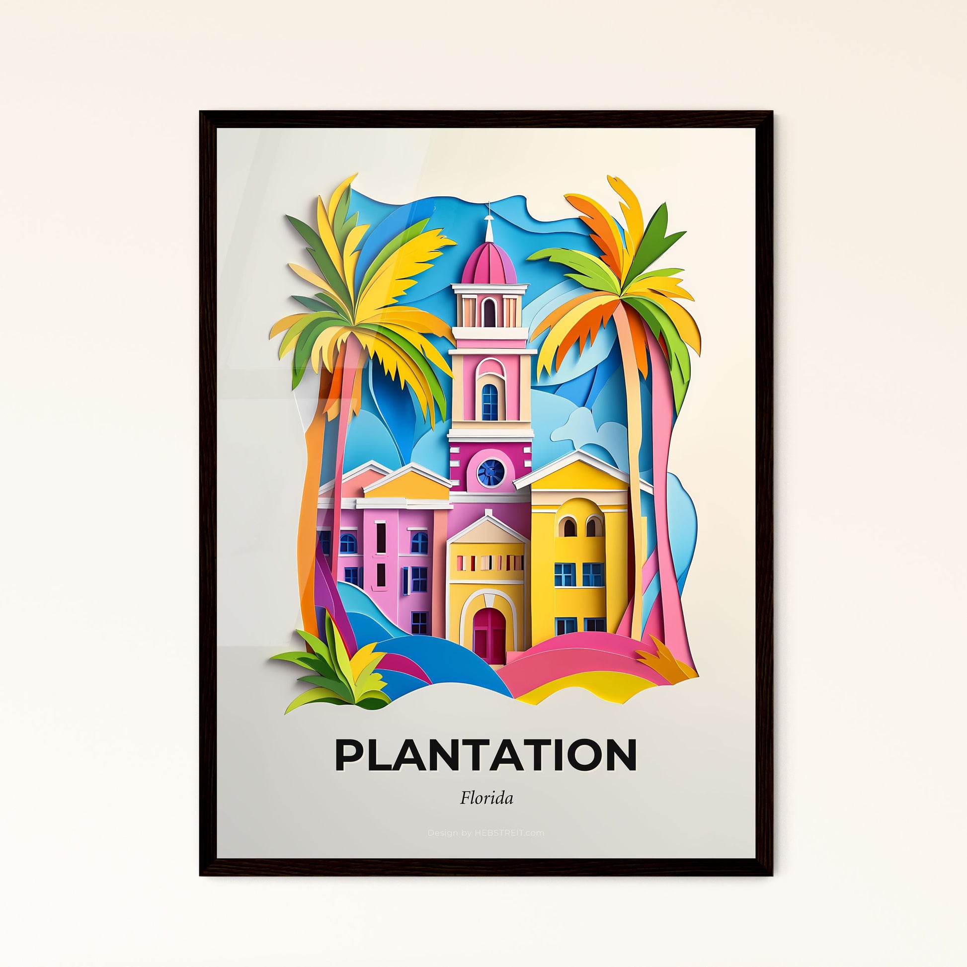 Vivid Plantation, Florida - a paper cut of a church and palm trees