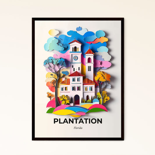 Vivid Plantation, Florida - a paper cut of a church with a clock tower