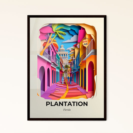 Vivid Plantation, Florida - a colorful street with a palm tree and a building