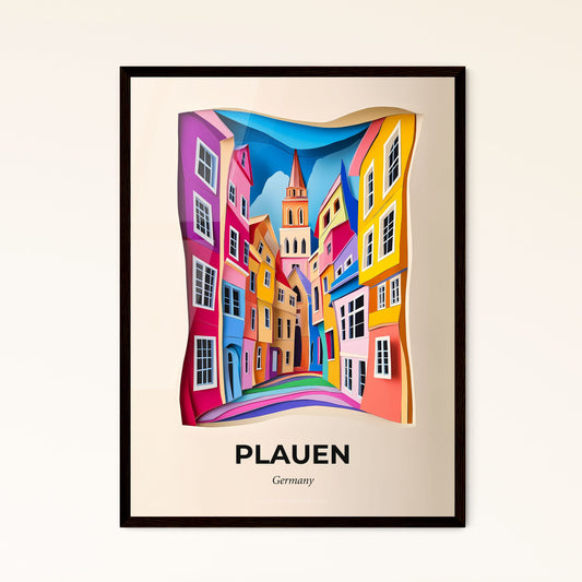 Vivid Plauen, Germany - a painting of a city street with a clock tower