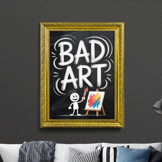 Playful Cartoon Character Holding Paintbrush with 'Bad Art' Text on Chalkboard Background.