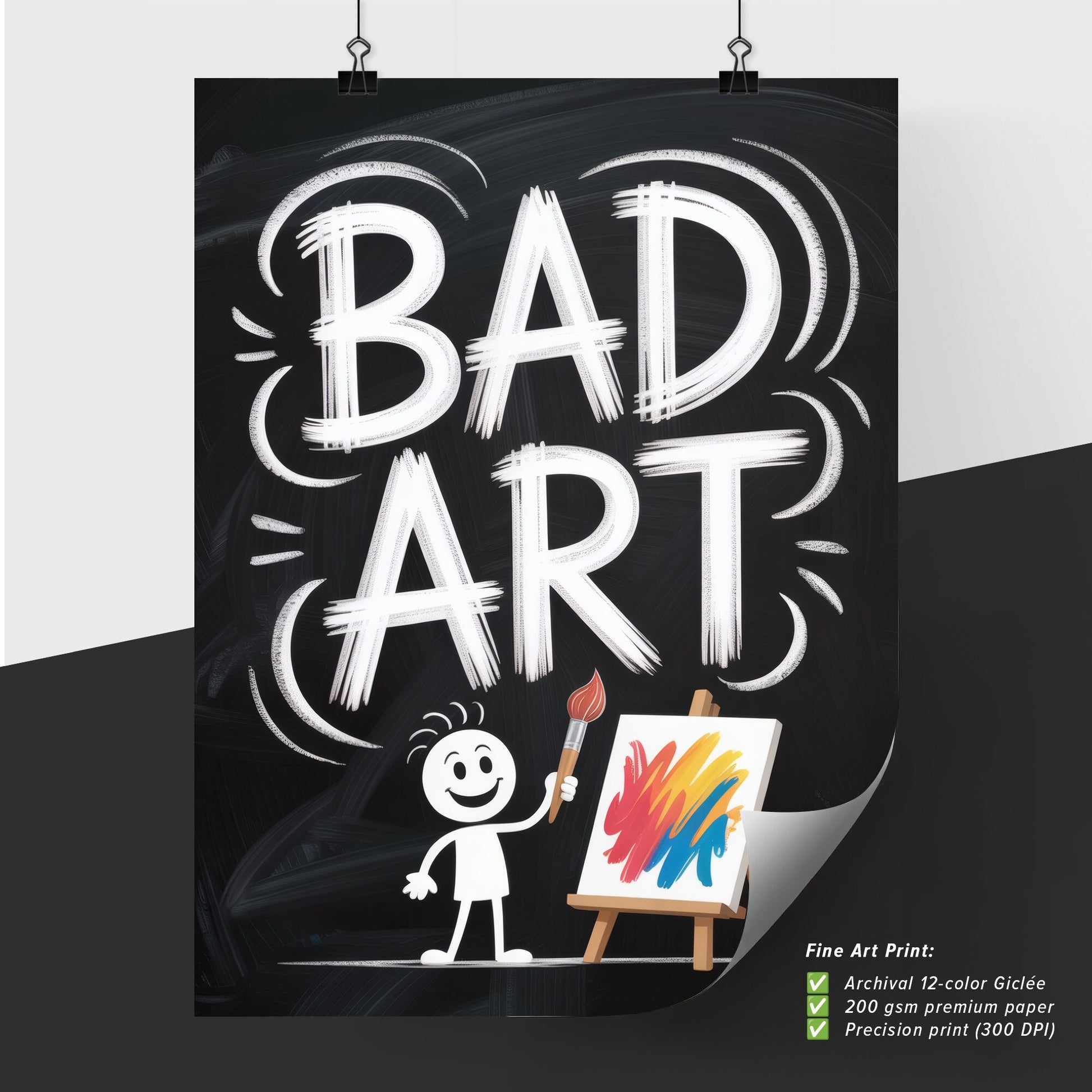 Playful Cartoon Character Holding Paintbrush with 'Bad Art' Text on Chalkboard Background.