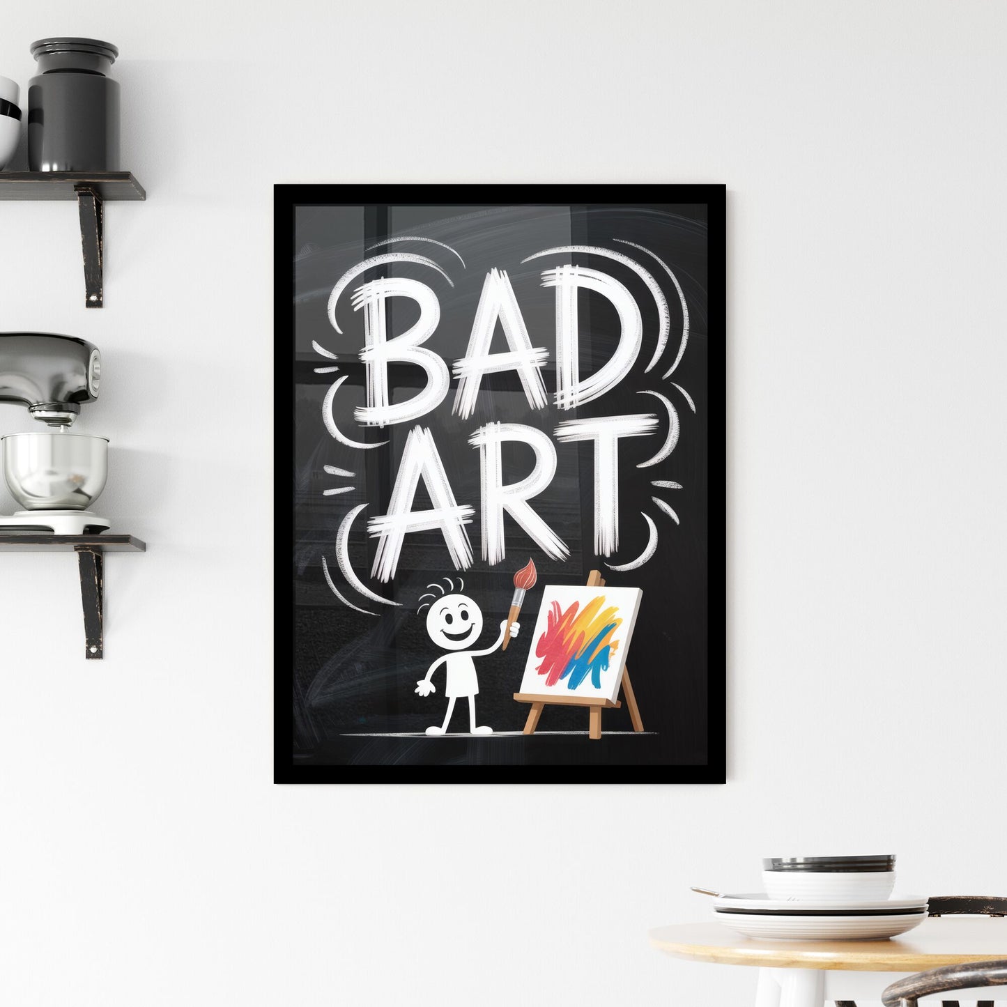 Playful Cartoon Character Holding Paintbrush with 'Bad Art' Text on Chalkboard Background. Framed Print