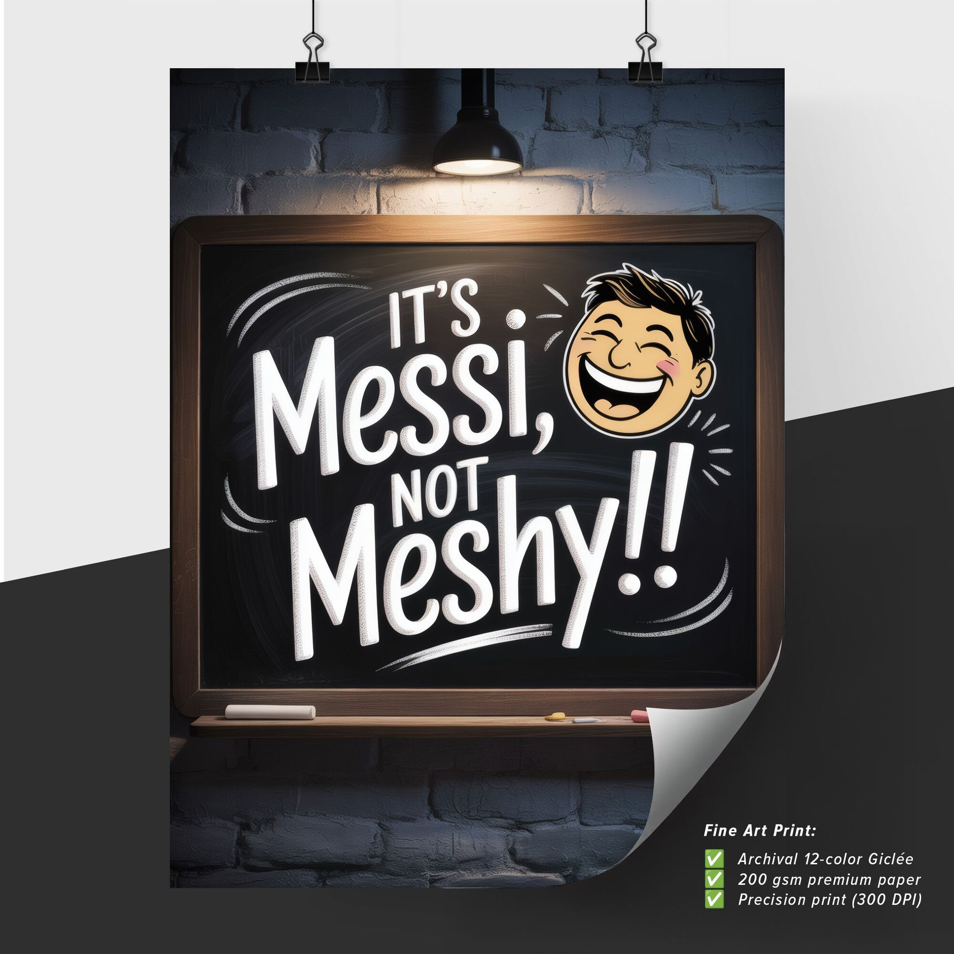 Playful Chalkboard Illustration Celebrating Messi with Humorous Typography and Cheerful Expressions.